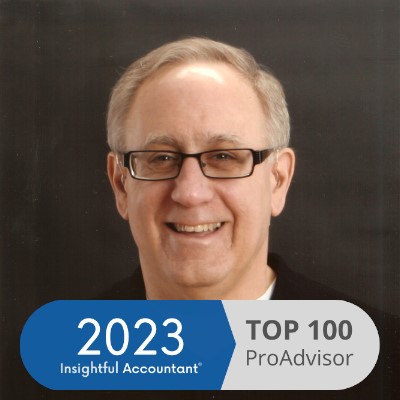 Keith Gormezano, smiling, in glasses, with a 2023 Insightful Accountant Top 100 ProAdvisor banner across the bottom of the photo.
